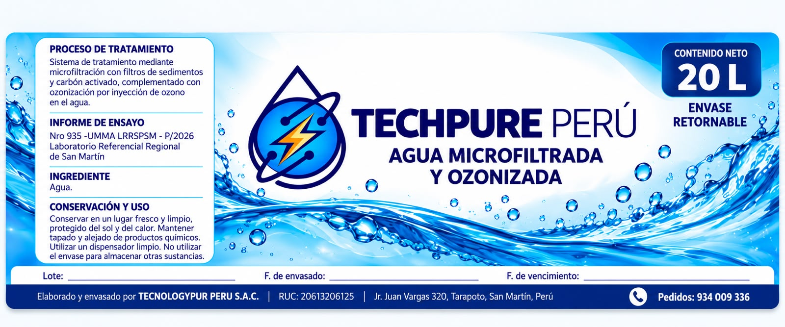 Etiqueta Techpure Perú: agua microfiltrada y ozonizada, envase retornable de 20 L, informe de ensayo 935, RUC 20613206125, dirección Jr. Juan Vargas 320 y pedidos 934 009 336