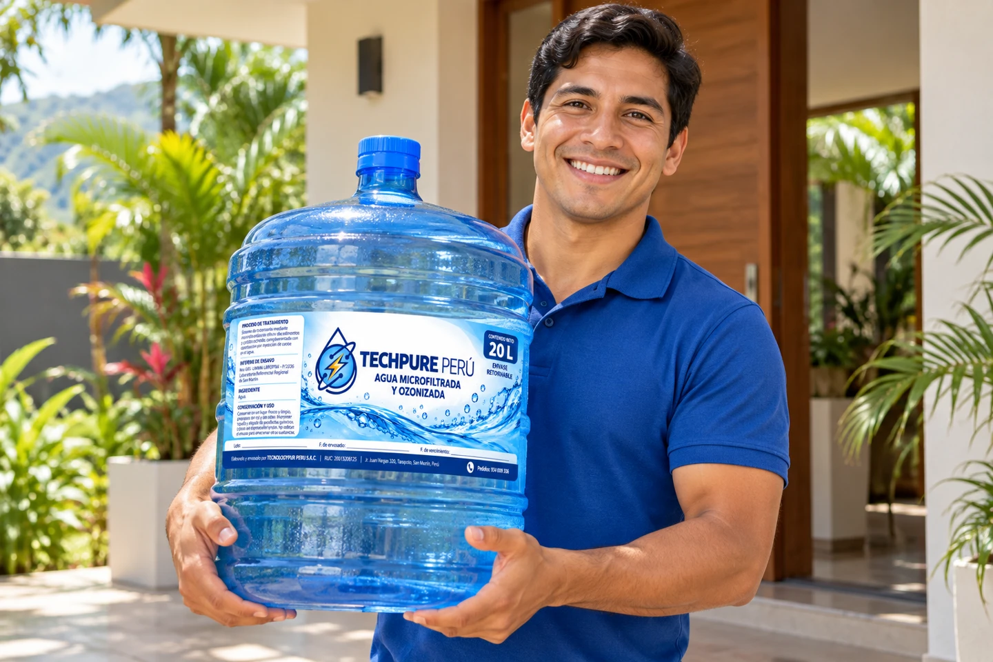 Persona sonriente cargando un bidón de 20 litros con la etiqueta Techpure Perú, en una escena ilustrativa de Tarapoto