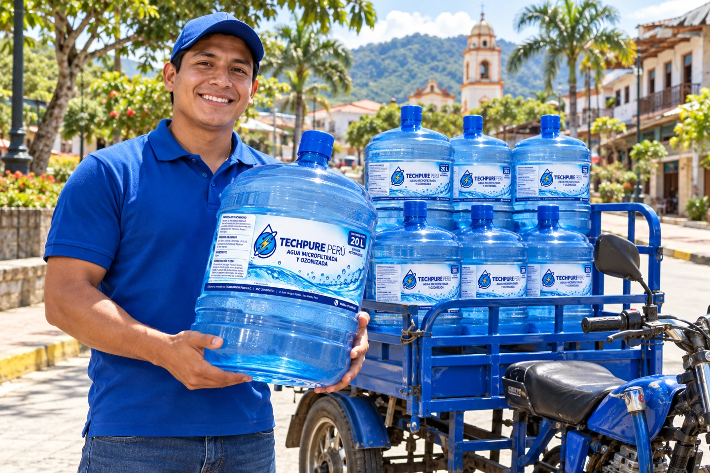 Repartidor sonriente con bidones etiquetados Techpure Perú junto a una trimoto, escena ilustrativa